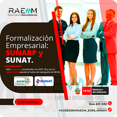 RAEOMINAM.COM RAEOMINAM RAEOM Registro Autoritativo de Empresas Operadoras MINAM, para transporte de Residuos Sólidos. Cuando tu empresa ya está oficialmente registrada en la SUNARP ya puedes proceder a inscribir tu negocio en el Registro Único de Contribuyentes (RUC 20) de la SUNAT, para identificarte como contribuyente Jurídico, para proteger el nombre de tu empresa y la legitimidad de tu negocio. El número que te proporcionen será único e identificará a tu empresa cuando tengas que hacer cualquier trámite.
                                                    Facilita también tu participación empresarial en licitaciones y procesos de selección del Estado.