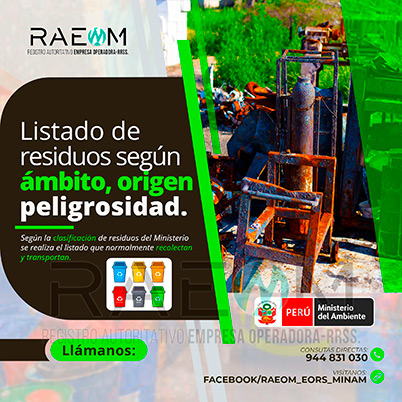 RAEOMINAM.COM RAEOMINAM RAEOM Registro Autoritativo de Empresas Operadoras MINAM, para transporte de Residuos Sólidos. Para la identificación de un residuos sólido priorizado se podrá tener en cuenta, los siguientes criterios:
                                                    a) Identificación del origen y cadena de valor del residuo sólido del bien. 
                                                    b) Volumen de generación de residuos sólidos asociado al bien. 
                                                    c) Peligrosidad de los residuos sólidos del bien. 
                                                    d) Posibilidad de valorización de los residuos sólidos del bien. 
                                                    e) Alternativas de tecnologías disponibles para su valorización material o energética.