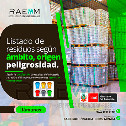 RAEOMINAM.COM RAEOMINAM RAEOM Registro Autoritativo de Empresas Operadoras MINAM, para transporte de Residuos Sólidos. Para la identificación de un residuos sólido priorizado se podrá tener en cuenta, los siguientes criterios:
                                                    a) Identificación del origen y cadena de valor del residuo sólido del bien. 
                                                    b) Volumen de generación de residuos sólidos asociado al bien. 
                                                    c) Peligrosidad de los residuos sólidos del bien. 
                                                    d) Posibilidad de valorización de los residuos sólidos del bien. 
                                                    e) Alternativas de tecnologías disponibles para su valorización material o energética.