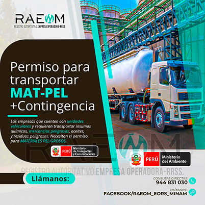 RAEOMINAM.COM RAEOMINAM RAEOM Registro Autoritativo de Empresas Operadoras MINAM, para transporte de Residuos Sólidos. Las empresas de transportes que trasladan materiales y/o residuos peligrosos deben solicitar al MTC la aprobación de su plan de contingencia. En él se establecen las rutas, materiales y/o residuos peligrosos a transportar y las acciones o medidas de mitigación en caso ocurra un siniestro o accidente, a fin de preservar la salud de la población y el cuidado del medioambiente.
                                                    Clase 1: Explosivos. 
                                                    Clase 2: Gases.
                                                    Clase 3: Líquidos inflamables. 
                                                    Clase 4: Sólidos inflamables. 
                                                    Clase 5: Sustancias comburentes y peróxidos orgánicos. 
                                                    Clase 6: Sustancias tóxicas y sustancias infecciosas. 
                                                    Clase 7: Materiales radiactivos.
                                                    Clase 8: Sustancias corrosivas.
                                                    Clase 9: Sustancias y objetos peligrosos varios.