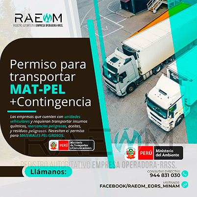 RAEOMINAM.COM RAEOMINAM RAEOM Registro Autoritativo de Empresas Operadoras MINAM, para transporte de Residuos Sólidos. Las empresas de transportes que trasladan materiales y/o residuos peligrosos deben solicitar al MTC la aprobación de su plan de contingencia. En él se establecen las rutas, materiales y/o residuos peligrosos a transportar y las acciones o medidas de mitigación en caso ocurra un siniestro o accidente, a fin de preservar la salud de la población y el cuidado del medioambiente.
                                                    Clase 1: Explosivos. 
                                                    Clase 2: Gases.
                                                    Clase 3: Líquidos inflamables. 
                                                    Clase 4: Sólidos inflamables. 
                                                    Clase 5: Sustancias comburentes y peróxidos orgánicos. 
                                                    Clase 6: Sustancias tóxicas y sustancias infecciosas. 
                                                    Clase 7: Materiales radiactivos.
                                                    Clase 8: Sustancias corrosivas.
                                                    Clase 9: Sustancias y objetos peligrosos varios.