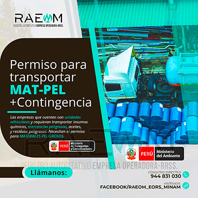 RAEOMINAM.COM RAEOMINAM RAEOM Registro Autoritativo de Empresas Operadoras MINAM, para transporte de Residuos Sólidos. Las empresas de transportes que trasladan materiales y/o residuos peligrosos deben solicitar al MTC la aprobación de su plan de contingencia. En él se establecen las rutas, materiales y/o residuos peligrosos a transportar y las acciones o medidas de mitigación en caso ocurra un siniestro o accidente, a fin de preservar la salud de la población y el cuidado del medioambiente.
                                                    Clase 1: Explosivos. 
                                                    Clase 2: Gases.
                                                    Clase 3: Líquidos inflamables. 
                                                    Clase 4: Sólidos inflamables. 
                                                    Clase 5: Sustancias comburentes y peróxidos orgánicos. 
                                                    Clase 6: Sustancias tóxicas y sustancias infecciosas. 
                                                    Clase 7: Materiales radiactivos.
                                                    Clase 8: Sustancias corrosivas.
                                                    Clase 9: Sustancias y objetos peligrosos varios.