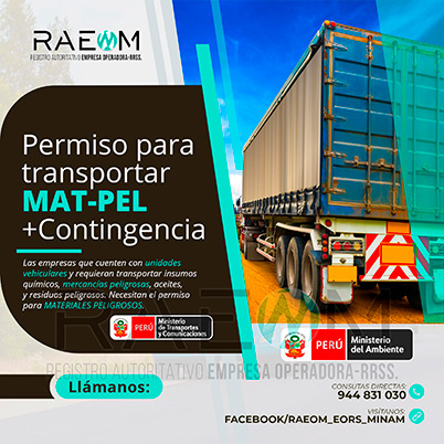 RAEOMINAM.COM RAEOMINAM RAEOM Registro Autoritativo de Empresas Operadoras MINAM, para transporte de Residuos Sólidos. Las empresas de transportes que trasladan materiales y/o residuos peligrosos deben solicitar al MTC la aprobación de su plan de contingencia. En él se establecen las rutas, materiales y/o residuos peligrosos a transportar y las acciones o medidas de mitigación en caso ocurra un siniestro o accidente, a fin de preservar la salud de la población y el cuidado del medioambiente.
                                                    Clase 1: Explosivos. 
                                                    Clase 2: Gases.
                                                    Clase 3: Líquidos inflamables. 
                                                    Clase 4: Sólidos inflamables. 
                                                    Clase 5: Sustancias comburentes y peróxidos orgánicos. 
                                                    Clase 6: Sustancias tóxicas y sustancias infecciosas. 
                                                    Clase 7: Materiales radiactivos.
                                                    Clase 8: Sustancias corrosivas.
                                                    Clase 9: Sustancias y objetos peligrosos varios.