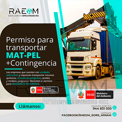 RAEOMINAM.COM RAEOMINAM RAEOM Registro Autoritativo de Empresas Operadoras MINAM, para transporte de Residuos Sólidos. Las empresas de transportes que trasladan materiales y/o residuos peligrosos deben solicitar al MTC la aprobación de su plan de contingencia. En él se establecen las rutas, materiales y/o residuos peligrosos a transportar y las acciones o medidas de mitigación en caso ocurra un siniestro o accidente, a fin de preservar la salud de la población y el cuidado del medioambiente.
                                                    Clase 1: Explosivos. 
                                                    Clase 2: Gases.
                                                    Clase 3: Líquidos inflamables. 
                                                    Clase 4: Sólidos inflamables. 
                                                    Clase 5: Sustancias comburentes y peróxidos orgánicos. 
                                                    Clase 6: Sustancias tóxicas y sustancias infecciosas. 
                                                    Clase 7: Materiales radiactivos.
                                                    Clase 8: Sustancias corrosivas.
                                                    Clase 9: Sustancias y objetos peligrosos varios.