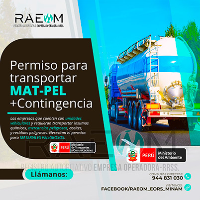 RAEOMINAM.COM RAEOMINAM RAEOM Registro Autoritativo de Empresas Operadoras MINAM, para transporte de Residuos Sólidos. Las empresas de transportes que trasladan materiales y/o residuos peligrosos deben solicitar al MTC la aprobación de su plan de contingencia. En él se establecen las rutas, materiales y/o residuos peligrosos a transportar y las acciones o medidas de mitigación en caso ocurra un siniestro o accidente, a fin de preservar la salud de la población y el cuidado del medioambiente.
                                                    Clase 1: Explosivos. 
                                                    Clase 2: Gases.
                                                    Clase 3: Líquidos inflamables. 
                                                    Clase 4: Sólidos inflamables. 
                                                    Clase 5: Sustancias comburentes y peróxidos orgánicos. 
                                                    Clase 6: Sustancias tóxicas y sustancias infecciosas. 
                                                    Clase 7: Materiales radiactivos.
                                                    Clase 8: Sustancias corrosivas.
                                                    Clase 9: Sustancias y objetos peligrosos varios.