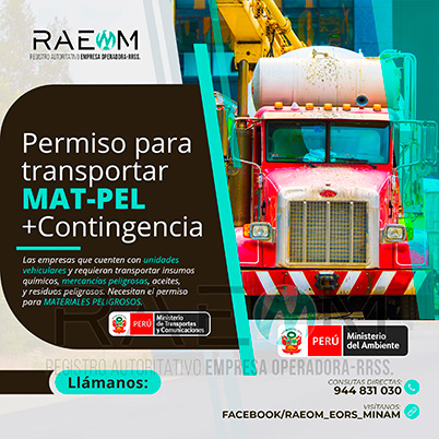 RAEOMINAM.COM RAEOMINAM RAEOM Registro Autoritativo de Empresas Operadoras MINAM, para transporte de Residuos Sólidos. Las empresas de transportes que trasladan materiales y/o residuos peligrosos deben solicitar al MTC la aprobación de su plan de contingencia. En él se establecen las rutas, materiales y/o residuos peligrosos a transportar y las acciones o medidas de mitigación en caso ocurra un siniestro o accidente, a fin de preservar la salud de la población y el cuidado del medioambiente.
                                                    Clase 1: Explosivos. 
                                                    Clase 2: Gases.
                                                    Clase 3: Líquidos inflamables. 
                                                    Clase 4: Sólidos inflamables. 
                                                    Clase 5: Sustancias comburentes y peróxidos orgánicos. 
                                                    Clase 6: Sustancias tóxicas y sustancias infecciosas. 
                                                    Clase 7: Materiales radiactivos.
                                                    Clase 8: Sustancias corrosivas.
                                                    Clase 9: Sustancias y objetos peligrosos varios.