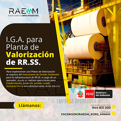 RAEOMINAM.COM RAEOMINAM RAEOM Registro Autoritativo de Empresas Operadoras MINAM, para transporte de Residuos Sólidos. Las plantas de valorización son infraestructuras donde se realizan las siguientes operaciones:
                                                    a) Actividades de acondicionamiento señaladas en la normatividad;
                                                    b) Biodegradación de la fracción orgánica de los residuos con fines de producción de energía o mejorador de suelo;
                                                    c) Uso de residuos orgánicos para el desarrollo de compostaje;
                                                    d) Recuperación de aceites usados;
                                                    e) Desmantelamiento/desensamblaje de residuos de aparatos eléctricos y electrónicos;
                                                    f) Otras alternativas de valorización.