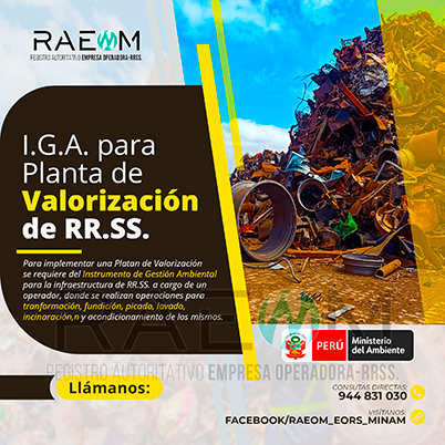 RAEOMINAM.COM RAEOMINAM RAEOM Registro Autoritativo de Empresas Operadoras MINAM, para transporte de Residuos Sólidos. Las plantas de valorización son infraestructuras donde se realizan las siguientes operaciones:
                                                    a) Actividades de acondicionamiento señaladas en la normatividad;
                                                    b) Biodegradación de la fracción orgánica de los residuos con fines de producción de energía o mejorador de suelo;
                                                    c) Uso de residuos orgánicos para el desarrollo de compostaje;
                                                    d) Recuperación de aceites usados;
                                                    e) Desmantelamiento/desensamblaje de residuos de aparatos eléctricos y electrónicos;
                                                    f) Otras alternativas de valorización.