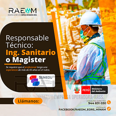 RAEOMINAM.COM RAEOMINAM RAEOM Registro Autoritativo de Empresas Operadoras MINAM, para transporte de Residuos Sólidos. Un ingeniero especialista en manejo y gestión de residuos sólidos debe poseer un sólido conocimiento de las leyes y regulaciones ambientales relacionadas con el transporte y manejo de residuos en el Ministerio del Ambiente en Lima Perú. Debe estar familiarizado con las mejores prácticas de la industria, ambiental, reducción de impacto ambiental, transporte de residuos, tecnologías de tratamiento de residuos, reducción de la contaminación, valorización y trnasformación de residuos y técnicas de minimización de impacto ambiental. Documentos que acrediten la especialización y la experiencia en la gestión y manejo de residuos sólidos. Documentos que acrediten la especialización y la experiencia en la gestión y manejo de residuos sólidos.
                                                    Además, presentar una carta de compromiso debidamente firmada por el/la profesional que se hará cargo de la dirección técnica de la EO-RS; adjuntando para ello, en caso corresponda, copia de los documentos establecidos en la normatividad y reglamento vigente.
                                                    Asimismo, se debe indicar la autenticidad de los documentos presentados en copia simple, lo cual tendrá carácter de declaración jurada, de conformidad con lo establecido en el artículo 47 del Texto Único Ordenado de la Ley N° 27444, Ley del Procedimiento Administrativo General.