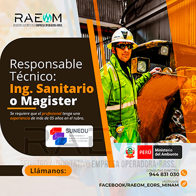 RAEOMINAM.COM RAEOMINAM RAEOM Registro Autoritativo de Empresas Operadoras MINAM, para transporte de Residuos Sólidos. Un ingeniero especialista en manejo y gestión de residuos sólidos debe poseer un sólido conocimiento de las leyes y regulaciones ambientales relacionadas con el transporte y manejo de residuos en el Ministerio del Ambiente en Lima Perú. Debe estar familiarizado con las mejores prácticas de la industria, ambiental, reducción de impacto ambiental, transporte de residuos, tecnologías de tratamiento de residuos, reducción de la contaminación, valorización y trnasformación de residuos y técnicas de minimización de impacto ambiental. Documentos que acrediten la especialización y la experiencia en la gestión y manejo de residuos sólidos. Documentos que acrediten la especialización y la experiencia en la gestión y manejo de residuos sólidos.
                                                    Además, presentar una carta de compromiso debidamente firmada por el/la profesional que se hará cargo de la dirección técnica de la EO-RS; adjuntando para ello, en caso corresponda, copia de los documentos establecidos en la normatividad y reglamento vigente.
                                                    Asimismo, se debe indicar la autenticidad de los documentos presentados en copia simple, lo cual tendrá carácter de declaración jurada, de conformidad con lo establecido en el artículo 47 del Texto Único Ordenado de la Ley N° 27444, Ley del Procedimiento Administrativo General.