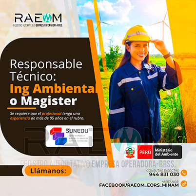 RAEOMINAM.COM RAEOMINAM RAEOM Registro Autoritativo de Empresas Operadoras MINAM, para transporte de Residuos Sólidos. Un ingeniero especialista en manejo y gestión de residuos sólidos debe poseer un sólido conocimiento de las leyes y regulaciones ambientales relacionadas con el transporte y manejo de residuos en el Ministerio del Ambiente en Lima Perú. Debe estar familiarizado con las mejores prácticas de la industria, ambiental, reducción de impacto ambiental, transporte de residuos, tecnologías de tratamiento de residuos, reducción de la contaminación, valorización y trnasformación de residuos y técnicas de minimización de impacto ambiental. Documentos que acrediten la especialización y la experiencia en la gestión y manejo de residuos sólidos. Documentos que acrediten la especialización y la experiencia en la gestión y manejo de residuos sólidos.
                                                    Además, presentar una carta de compromiso debidamente firmada por el/la profesional que se hará cargo de la dirección técnica de la EO-RS; adjuntando para ello, en caso corresponda, copia de los documentos establecidos en la normatividad y reglamento vigente.
                                                    Asimismo, se debe indicar la autenticidad de los documentos presentados en copia simple, lo cual tendrá carácter de declaración jurada, de conformidad con lo establecido en el artículo 47 del Texto Único Ordenado de la Ley N° 27444, Ley del Procedimiento Administrativo General.