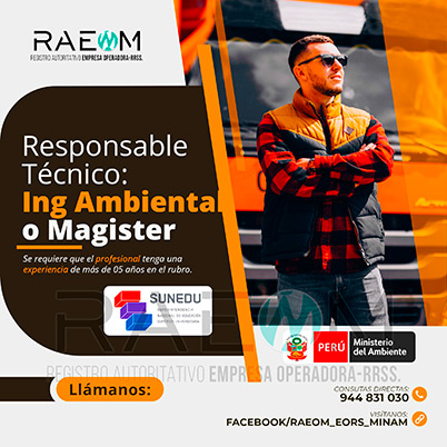 RAEOMINAM.COM RAEOMINAM RAEOM Registro Autoritativo de Empresas Operadoras MINAM, para transporte de Residuos Sólidos. Un ingeniero especialista en manejo y gestión de residuos sólidos debe poseer un sólido conocimiento de las leyes y regulaciones ambientales relacionadas con el transporte y manejo de residuos en el Ministerio del Ambiente en Lima Perú. Debe estar familiarizado con las mejores prácticas de la industria, ambiental, reducción de impacto ambiental, transporte de residuos, tecnologías de tratamiento de residuos, reducción de la contaminación, valorización y trnasformación de residuos y técnicas de minimización de impacto ambiental. Documentos que acrediten la especialización y la experiencia en la gestión y manejo de residuos sólidos. Documentos que acrediten la especialización y la experiencia en la gestión y manejo de residuos sólidos.
                                                    Además, presentar una carta de compromiso debidamente firmada por el/la profesional que se hará cargo de la dirección técnica de la EO-RS; adjuntando para ello, en caso corresponda, copia de los documentos establecidos en la normatividad y reglamento vigente.
                                                    Asimismo, se debe indicar la autenticidad de los documentos presentados en copia simple, lo cual tendrá carácter de declaración jurada, de conformidad con lo establecido en el artículo 47 del Texto Único Ordenado de la Ley N° 27444, Ley del Procedimiento Administrativo General.